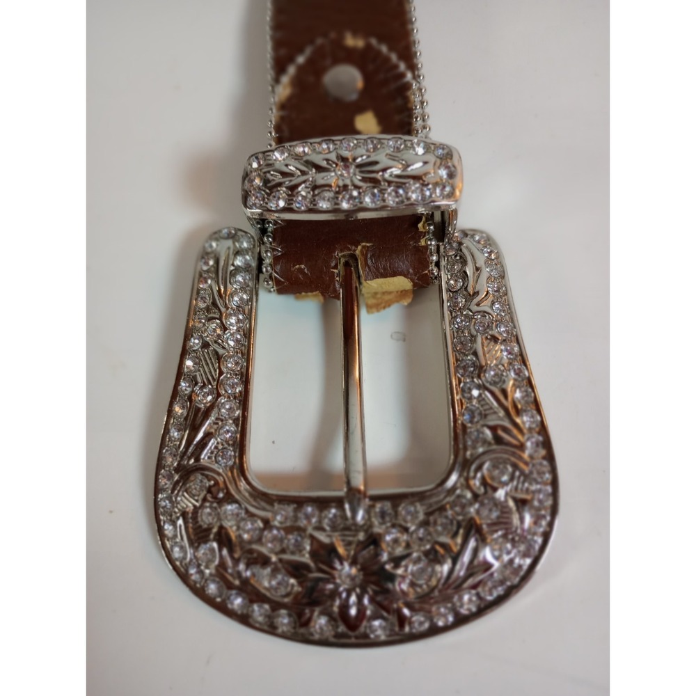 WB Atlas Brown Leather Blue Crystal Jeweled Western Belt Silver Buckle XL 48 - Picture 10 of 16